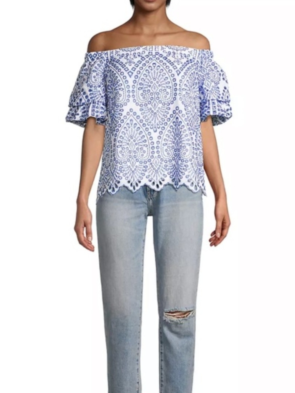 Lilly Pulitzer Blue & White Off-Shoulder Embroidered Top
